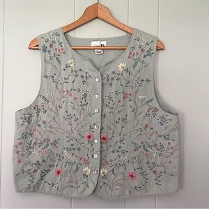Vintage Cotton Linen Floral Embroidered Cottagecore Fairy Boho Whimsical Vest XL